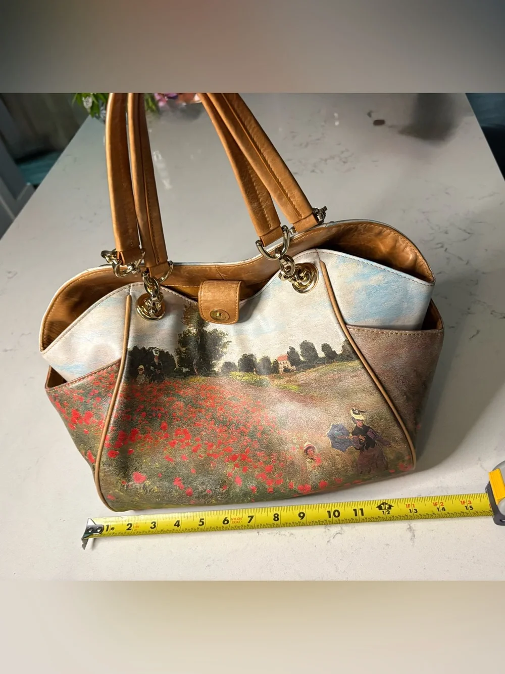 Icon Los Angeles Vintage Leather Tote Bag Claude Monet Poppy Field Art Handbag